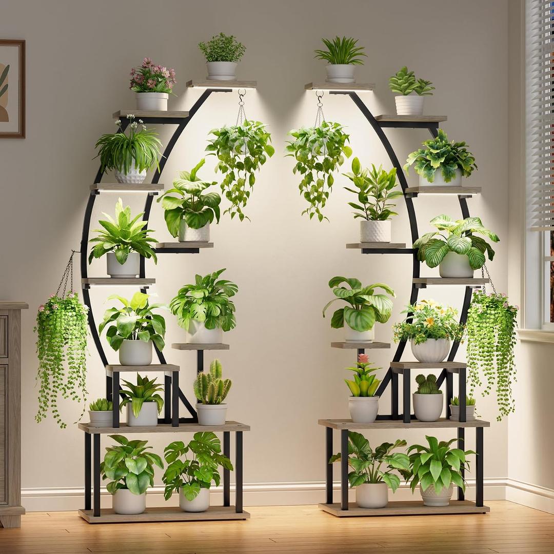 2 Pack Plant Stand Indoor with Grow Lights, 9 Tier Large Tall Plant Shelf | 64" Metal Lighted Plant Stands for Indoor Plants Multiple, Half-Moon Growing Rack Flower Display Holder for Living Room
