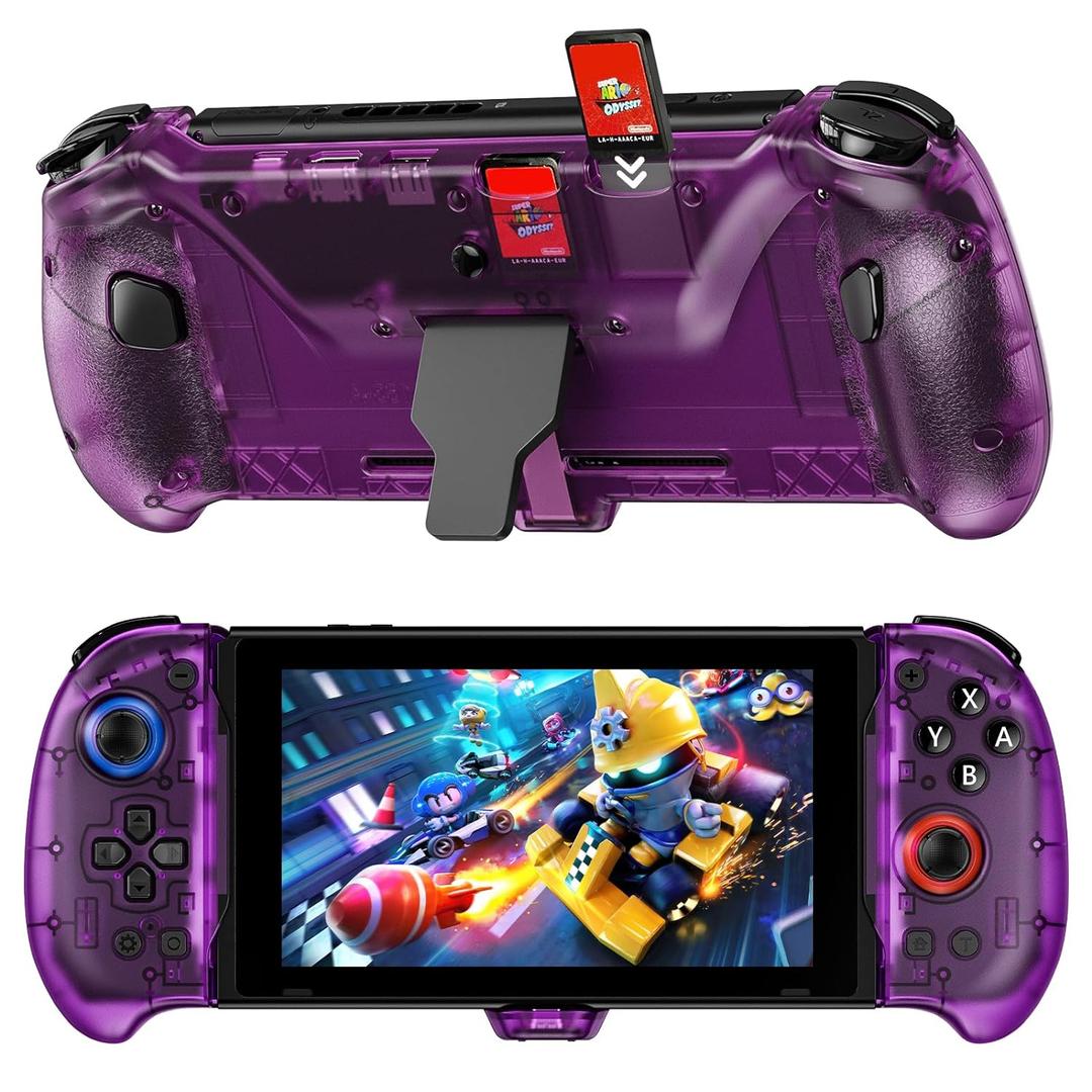 NexiGo Hall Effect Gripcon with Kickstand and HDMI Out for TV Docking, Hall Sensing Joystick for Switch/Switch OLED, Handheld Mode, 4K/1080P Supported HDMI and USB 3.0 Port, Purple