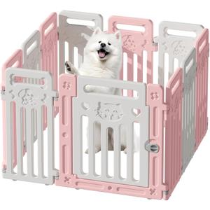 Dog Playpen Clear Fence Pet Puppy Cat Small Play Pen Indoor Foldable Kennel Whelping Box for Dogs with Gate (Pink + White, 10 Panels+1 Door)
