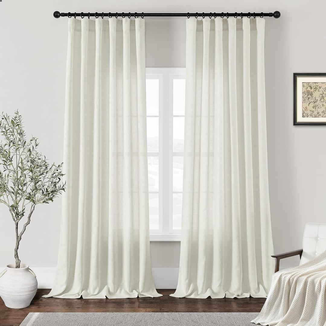 Cream Ivory Linen Curtains 94 Inches Long for Living Room 2 Panels Set Light Filtering Semi Sheer Curtains Luxury Rod Pocket Hook Belt Privacy Boho Farmhouse Linen Drapes for Bedroom 94 Inch Length