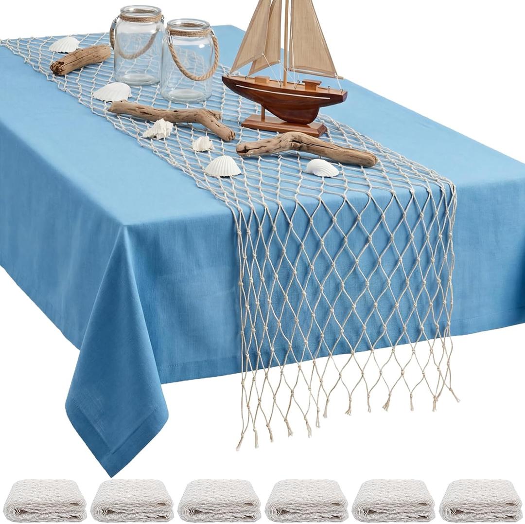 SATINIOR 6 Pcs Fish Net Party Decorations Fishing Net Table Runner 12x72'' Decorative Nautical Cotton Fishnet for Pirate Mermaid Hawaiian Ocean Beach Under the Sea Themed Party Decor (Natural)