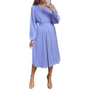 PRETTYGARDEN Women's Spring Midi Dress Long Puff Sleeve Wrap V Neck Flowy Ruffle Pleated Casual Fall Dresses, Blue, Medium 