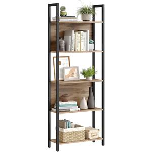 VASAGLE 5-Tier Bookshelf, Book Shelf, Industrial Bookcase, with Steel Frame, for Living Room, Home Office, Bedroom, 9.4 x 24.4 x 65 Inches, Camel Brown and Black ULLS025B50