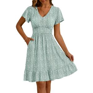 Kranda Women 2026 Summer V-Neck Casual Beach Sundress Empire Waist Short Flutter Sleeve Ruffle Floral Midi Dress with Pockets (Green, M)