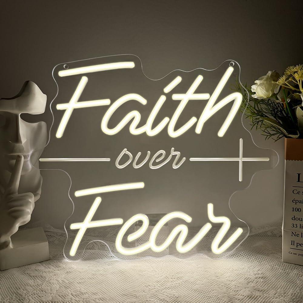 Faith Over Fear Neon Sign,Christian Dimmable LED Light Signs for Wall Art Decor,Warm White Backdrop for Bedroom Club Party Man Cave,Gift for Teen Men USB Powered13.8"*11.6"