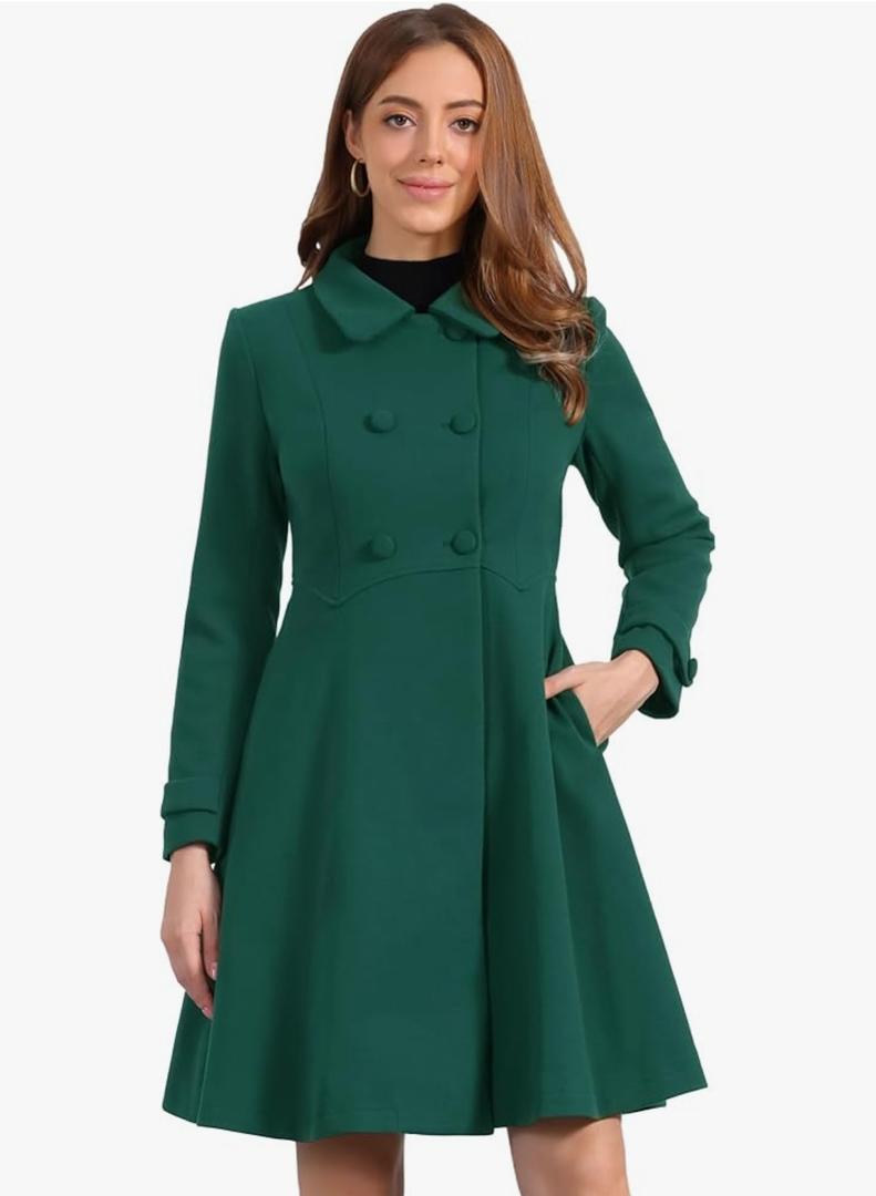 Allegra K Women's Winter Coat Overcoat Lapel Collar Long Swing A Line Double Breasted Pea Coat, Size: L