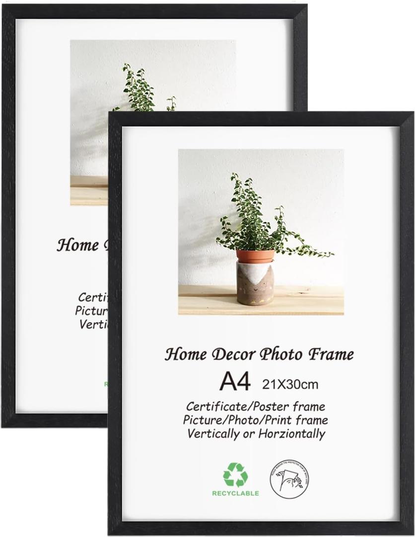 LYYYXGYP A4 Picture Frame Black Wood 2 Pack Solid Wood Photo Poster Frames 8.3X11.7 Print Certificate Diploma Frame with Plexiglass for Wall and Tabletop Display