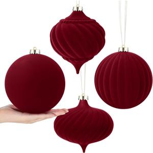 Civaner 4 Pcs 6 Inch Large Velvet Christmas Ball Ornaments Vintage Christmas Plastic Ball Ornaments Flocked Xmas Tree Hanging Decoration for Xmas Party Decor(Burgundy)