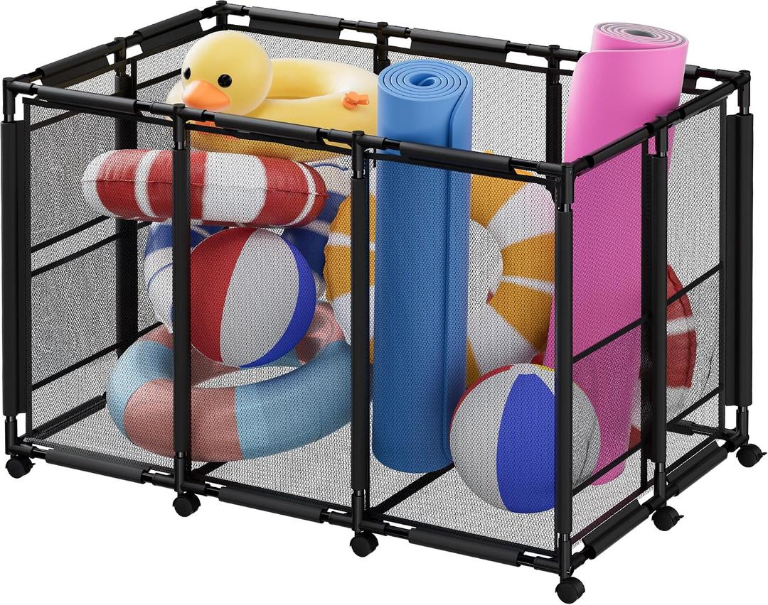Extra Large Pool Storage Bin, Metal Rolling Float Swimming Equipment Holder Organizer Cart with Mesh, Black XL