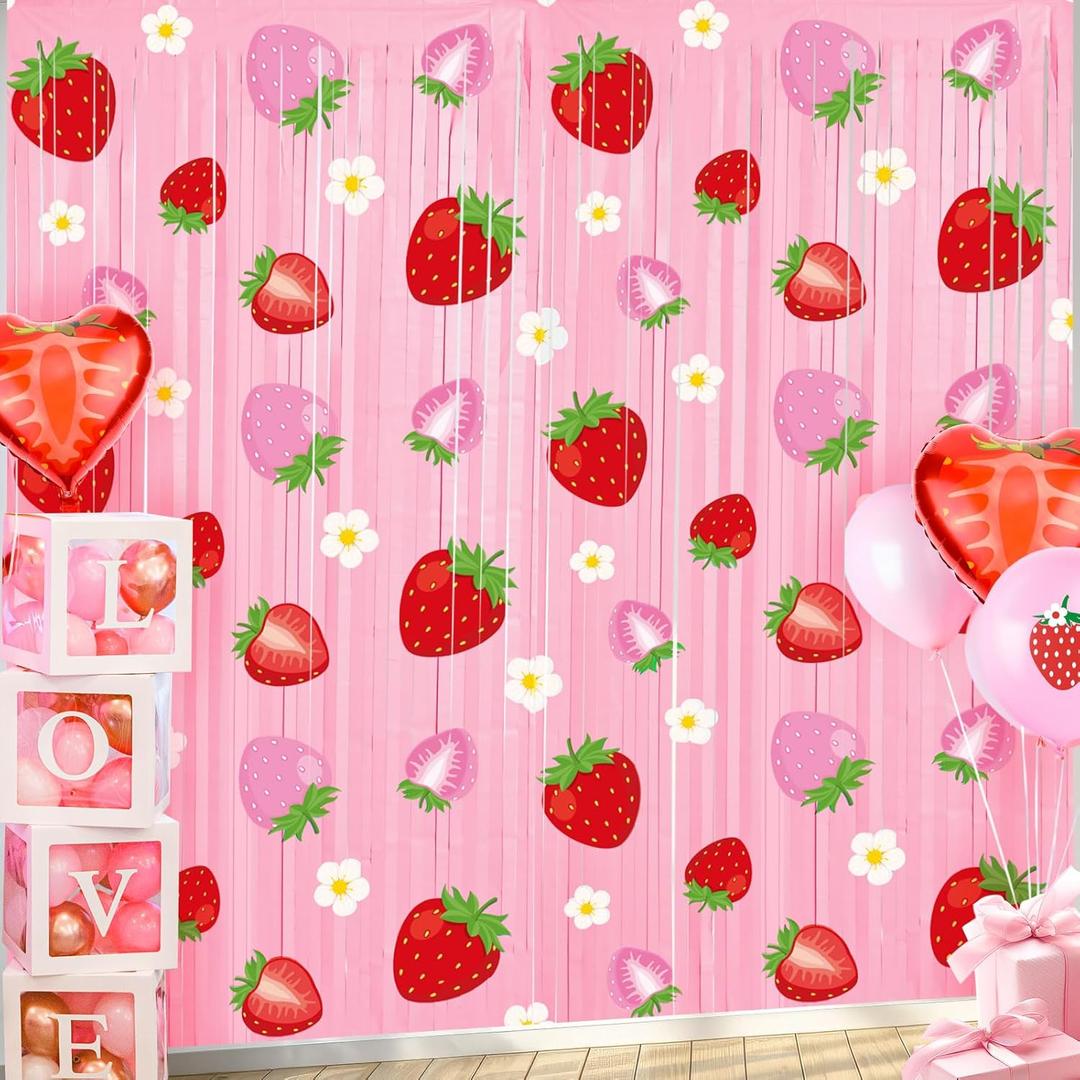 Tiamon 2 Pack Strawberry Party Decorations 3.3 x 6.6 Ft Foil Fringe Curtains Berry First Birthday Backdrop Tinsel Streamers Photo Booth for Sweet Berry Shortcake Baby Shower Birthday Party Supplies