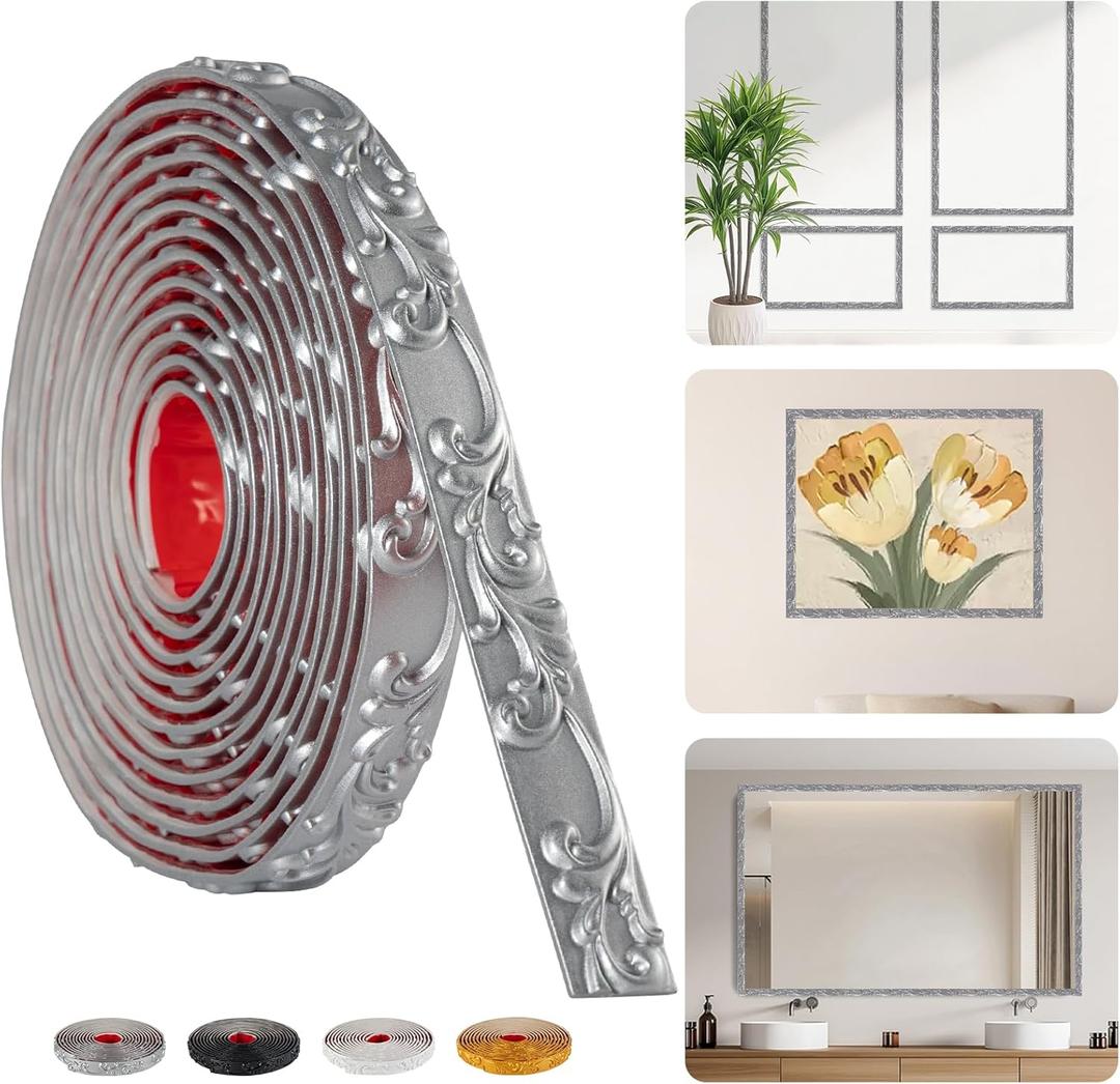 16.4FT x 1.02'' Silver Peel and Stick Crown Molding Trim Flexible Mirror Trim Peel and Stick, Self-Adhesive Decorative Edge for Frames & Cabinets