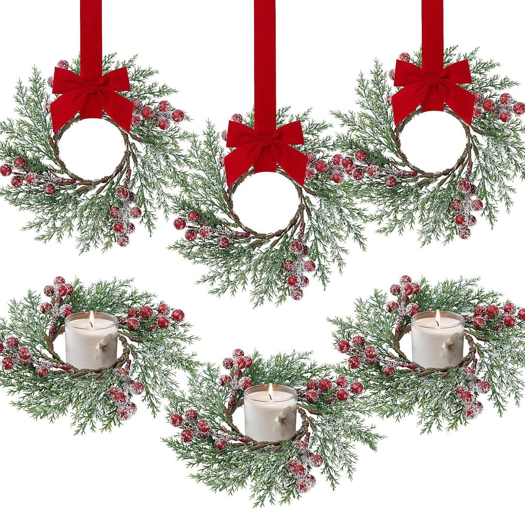 Sggvecsy 6 Pcs Christmas Candle Rings Norfolk Pine Wreath Artificial Red Berries Small Wreaths Table Centerpieces Kitchen Cabinets Pillars Mini Candle Rings for Window Front Door Decor