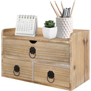 Washed White Wood Desk Organizer, Mini Desktop Organizer with Drawers, Tabletop Storage Organization for Home Office Supplies Vanity, No Assembly Required (3 Drawer and Shelf)