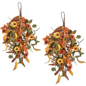 2pcs 20 Inch Artificial Fall Teardrop Swag Autumn Sunflowers Pumpkins Leaves Berries Door Swag Wreath Hanging Flower Autumn for Thanksgiving Halloween Front Door Wall Decor(2pcs Sunflowers)