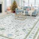 Hazo Haus Blue and Green Living Room Rug 8x10 - Cream Oushak Vintage Boho Floral Farmhouse, Washable Low Pile Non-Slip Extra Large Area Rugs for Bedroom, Girls, Boys, Playroom, Lounge
