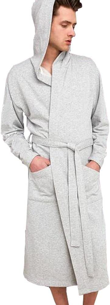 HOLOVE Men's Pure Cotton Bathrobe Lightweight Kimono and Hooded Spa Robes Soft Sleepwear, Size L/X