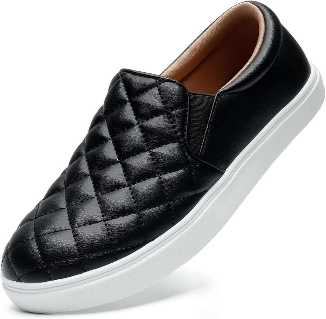 STQ Loafers for Women Memory Foam Slip On Sneakers EleeS Quilted 1.0 Comfort Fall Shoes (6.5, Black)