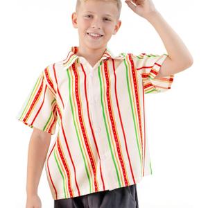 BRISIRA Boys Hawaiian Christmas Shirt Size10-15 Button Down Dress Short Sleeve Holiday Vacation Gifts for Kids Youth Teen (Stripe Xmas)