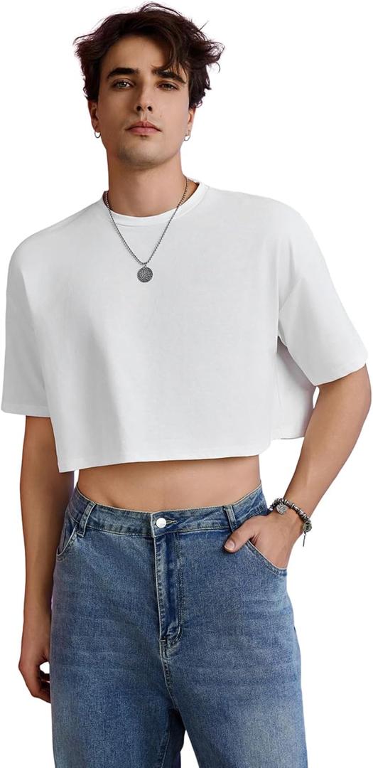 OYOANGLE Men's Half Sleeve Round Neck Drop Shoulder Cropped T Shirt Solid Summer Tee Tops, Small 