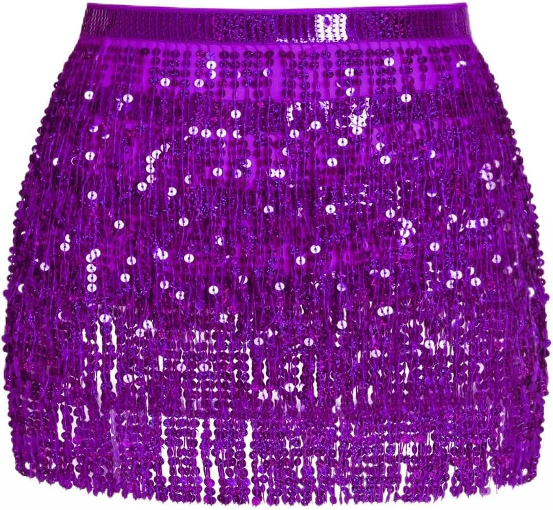 MOLFUJ Women's Sequin Tassel Skirt, Sparkly Fringe Skirt for Women, Glitter Metallic Rave Costume, Festival Party Skirts