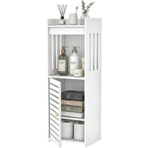 Narrow Bathroom Storage Cabinet, 4-Tier Slim Organizer with Door and Open Shelf for Toilet Small Spaces, White, 7.9" D x 9.8" W x 29.5" H