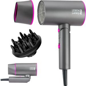 LEBENLANG Ionic Hair Dryer, 1875W - Foldable, Portable, Compact, Mini, Travel, Diffuser, Curly Hair (Grey/ Pink)