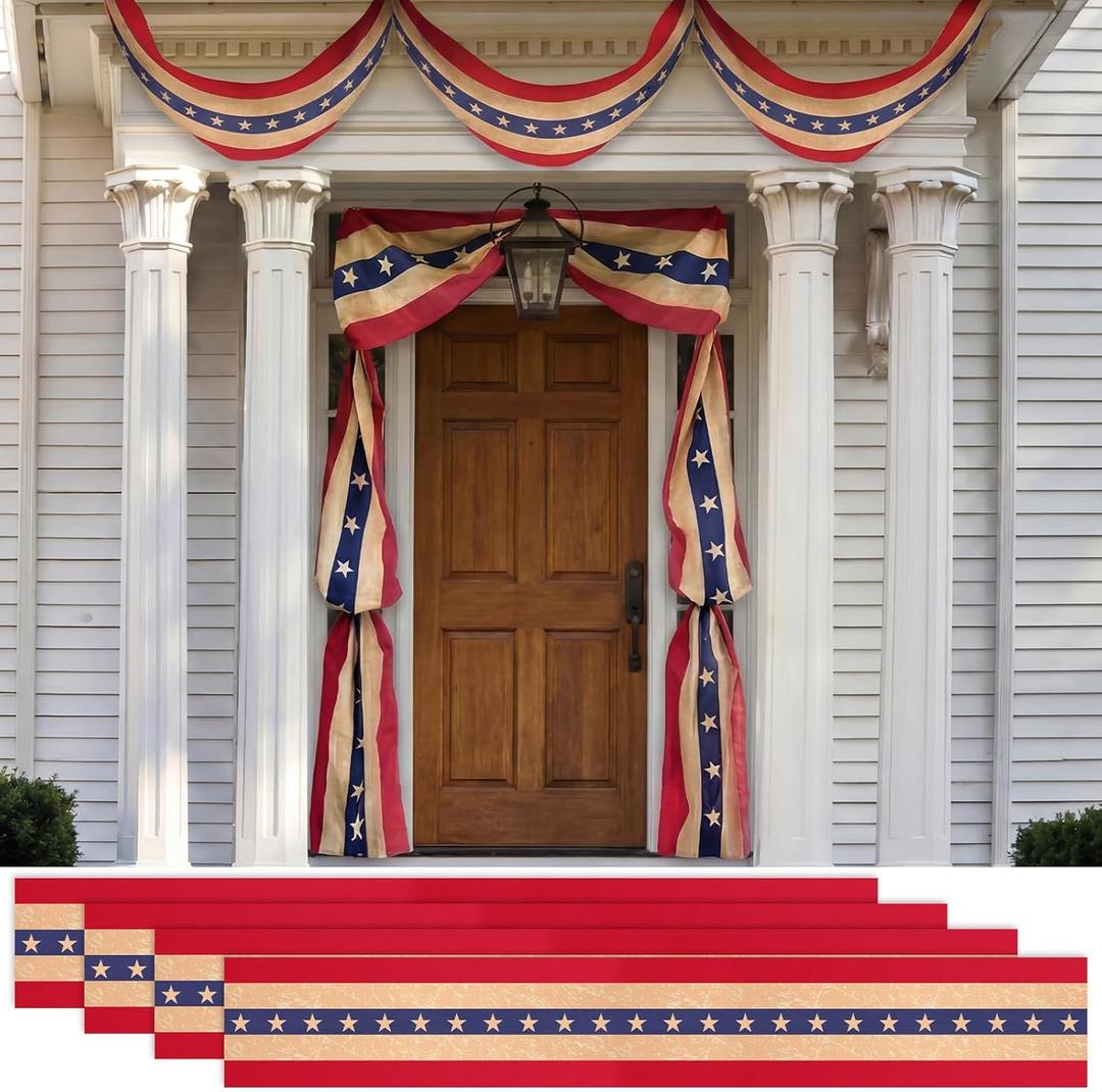 Gilprop 4 Pcs Vintage Tea-Stained Bunting American Flag with Star 250th Anniversary Patriotic Decoration Triangle Flag Garland Front Door Display for 4th of July Independence Day (Style 1,20 in X 20ft)