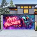 Halloween Garage Door Banner 13x6ft Neon Skeleton Decor Happy Halloween Sign Pumpkin Lantern Brick Wall Spider Web Spooky Party Decorations Creepy Backdrop Indoor Outdoor