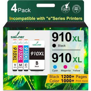 SAILNER 910XL Ink Cartridges for HP Printers Latest Chip Replacement for HP 910 910XL ink Cartridges Combo Pack Use for HP OfficeJet Pro 8020 8025 8028 8035 Officejet 8015 8010 Printer Ink 910, 4-Pack