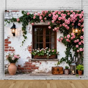 10x10ft Spring Backdrops for Photography White Red Brick Wall Rustic Wooden Window Greenery Flower Spring Easter Backdrop Photo Props for Photoshoot Floral Easter Birthday Party Decorations