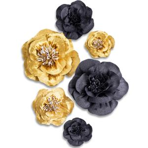 Letjolt Paper Flowers Decorations for Wall 1920s Party Decor Artificial 3D Flowers Backdrop Golden Wedding Garlands Baby Shower Bridal Shower (Golden Black Set 6)