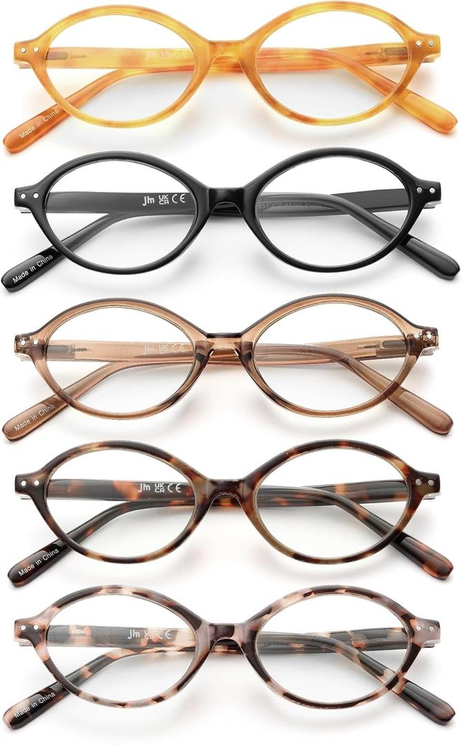 JM 5 Pack Oval Reading Glasses for Women, Trendy Blue Light Blocking Computer Readers with Spring Hinges
