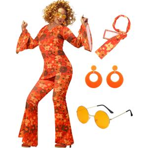 Leumoi 6 Pcs 60s 70s Disco Outfit Women Hippie Costume Accessories Flared Pants Headband Earrings Sunglass (X-Large, Floral)