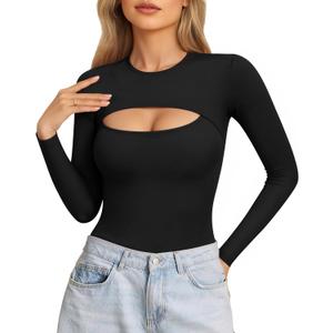 ALGALAROUND Women's Cutout Tops Basic Long Sleeve Round Neck Slim Fit T-Shirts (Medium)