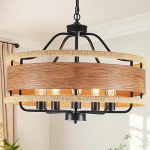 5-Light Farmhouse Chandelier 23.6" Wood Texture Woven Rattan Chandeliers