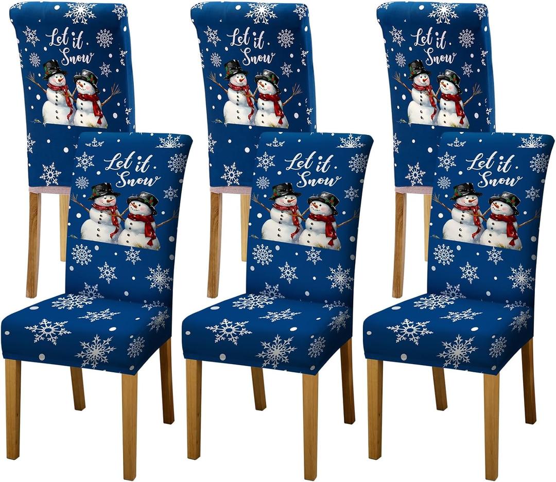 Moukeren 6 Pcs Dining Chair Covers Snowman Stretch Chair Protector Slipcovers Let It Snow Removable Washable Seat Protector for Xmas Holiday Party Dining Chair Decor(Blue)