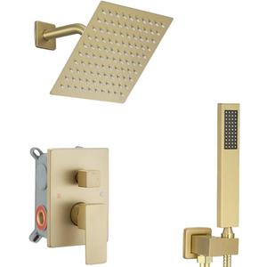 Brushed Gold Shower System 8 Inch Bathroom Luxury Rain Mixer Shower Combo Set Wall Mounted Rainfall Shower Head and Handheld System Shower Faucet Set Rough-in Valve Body and Trim Kit
