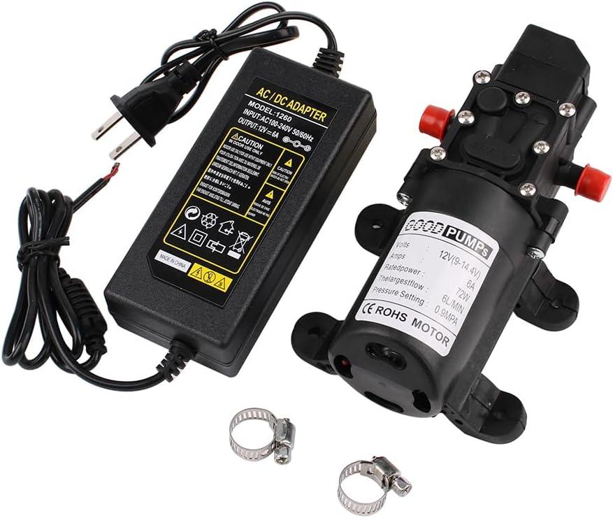 Pump Sprayer 70W DC 12v 0.9MPA 130psi Water Pressure Pump Home Booster Pump diaphragm pump Connect to 10.3mm/0.4inch Pipe for 4-6L/Min Self Priming Pump with Power Adapter for Camping Boat