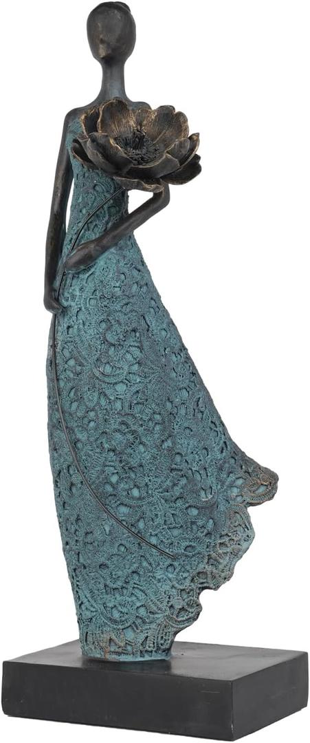 Guichifun Sculptures Home Decor Female Statue - Resin Bronze Woman Holding Flowers Sculpture Modern Creative Home Statue Handicrafts Art Ware Home Décor Office Room Gifts 7.5 x 7.5 x 21.25 Inch