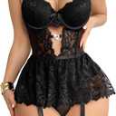 Foxiny Sexy Stocking Underwire Push Up Rhinestones Heart Floral Lace Mesh Sheer Garter Bodysuit Skirt Lingerie Set 3 Piece Women See Through Underwear Black Medium