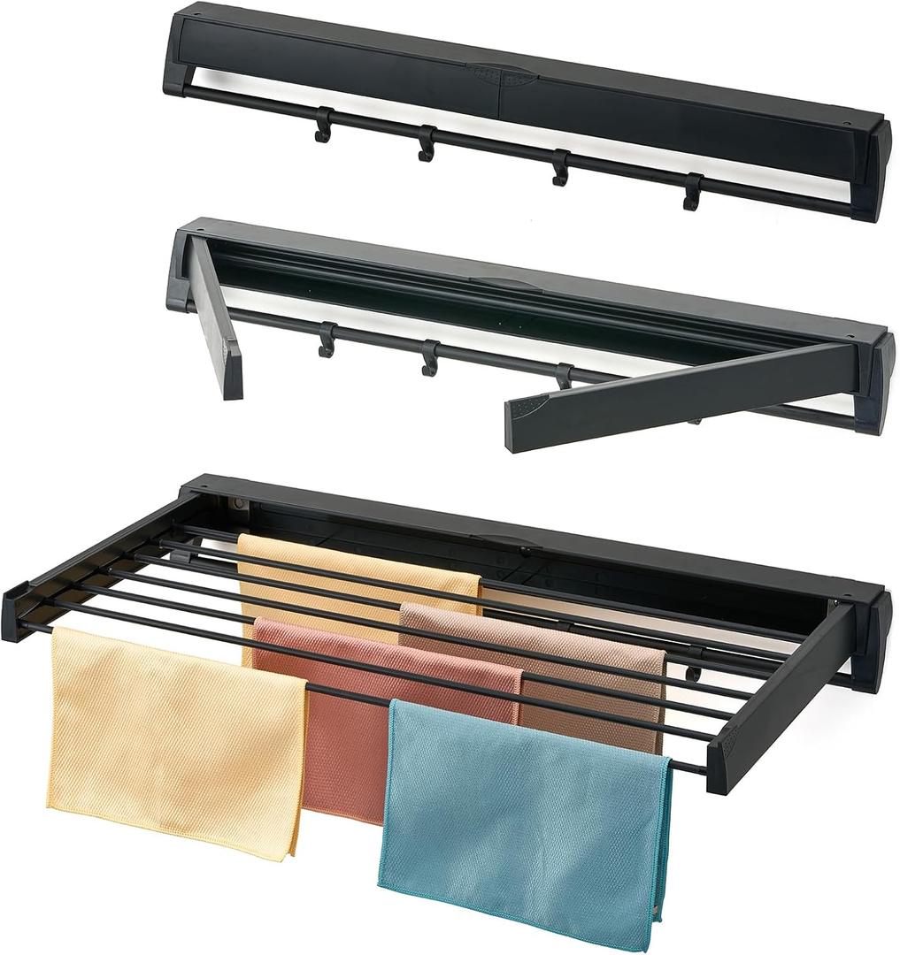 Wall Mounted Drying Rack, Aluminum Collapsible, 88 lbs Capacity, Foldable Laundry Rack for Drying Clothes (Black), 33.7"l X 14.8"w X 3"h