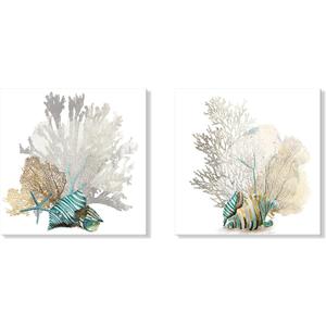 JAPO ART White Coral Wall Art Beach Bathroom Decor Sea Shell Pictures Coastal Wall Decor Sea Fan Nautical Painting Coral Pictures for Livingroom Bedroom Home Walls 16x16Inchx2pcs
