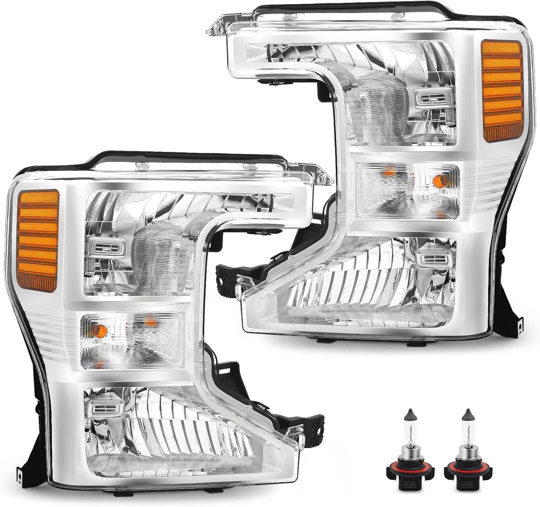 JFN Headlights Assembly W/Bulbs for 2020-2022 Ford F250 F350 Super Duty Halogen Models, Chrome Housing Amber Reflector, Driver and Passenger Side, Replacement FO2502405 FO2503405 LC3Z13008A/B