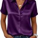 Zeagoo Satin Blouses for Women Silk Button Down Shirts Short Sleeve Business Casual Tops XL