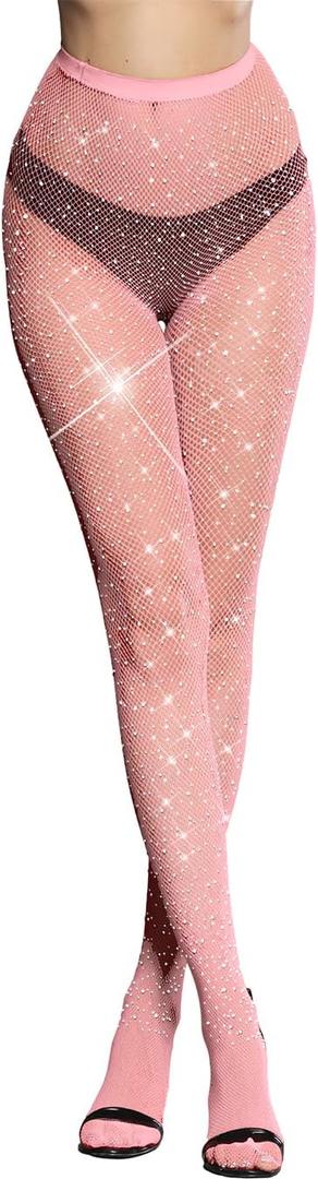 Fishnet Stockings for Women Sparkly Rhinestone Fishnet Tights Glitter Fish Nets (Medium-X-Large, Pink-mini Grid)
