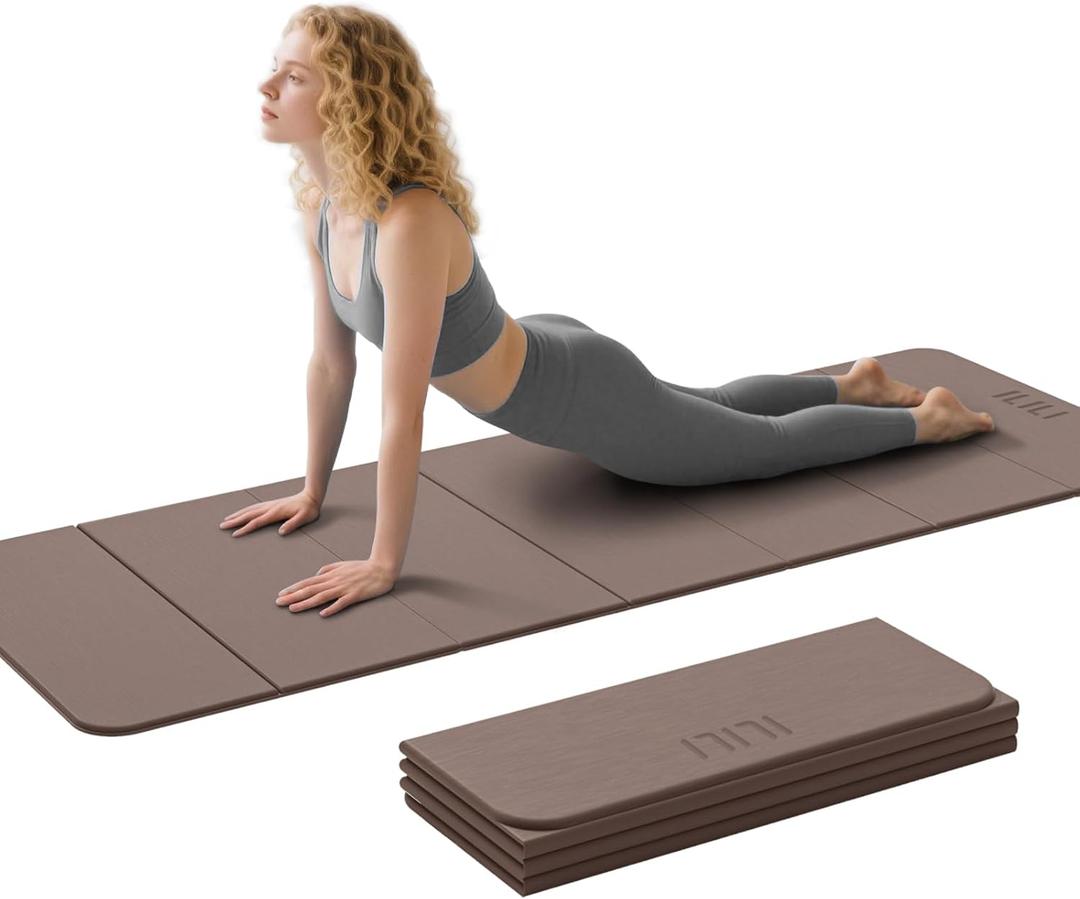 ILILI Foldable Yoga Mat 71 * 24 * 0.3'' - TPE Non-Slip Fitness Mat for HomeWaterproof & Lightweight (2lb) for Home gym, Pilates & Stretching,Fitness Workouts | 7-Fold Portable Design (Brown)