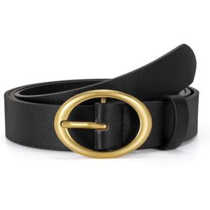 SANSTHS Women Leather Belts for Jeans Pants Fashion Ladies Waist Dresses Belt Gold Round Buckle,black，L