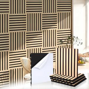 Geelin 8 Pcs 3D Wood Wall Panels Peel and Stick Self Adhesive Wood Slat Acoustic Textured Panel for Interior Wall Paneling Decor and Ceilings Soundproof 3D Fluted 11.8" x 12.6" (Light Brown)