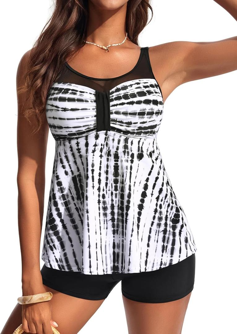 Hanna Nikole Women Two Piece Tankini Swimsuit Modest Bathing Suit Mesh Flowy Swim Top with Tummy Control Boy Shorts (Medium, Black White Tie Dye)