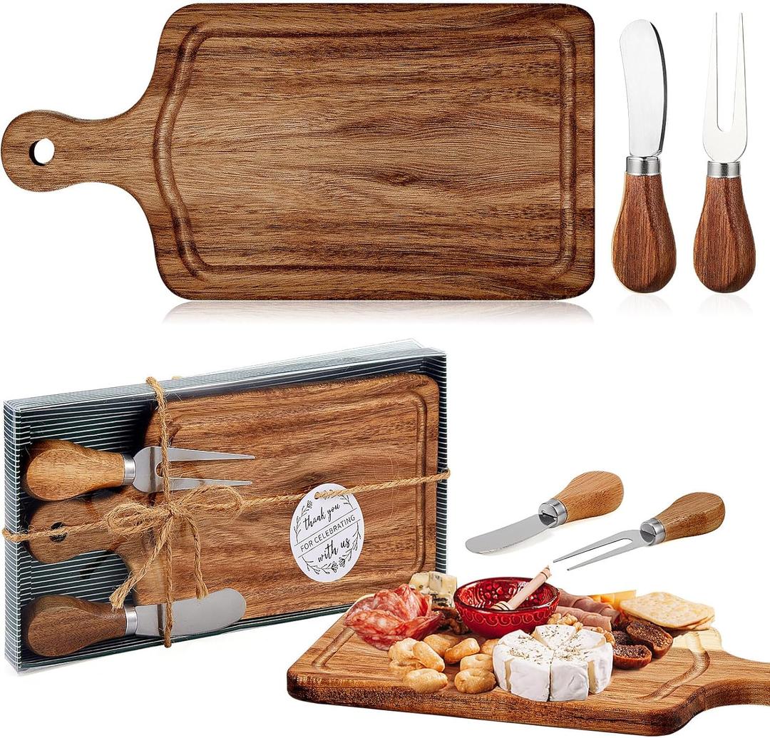 1 Set Bridal Baby Shower Cheese Prizes Wooden Square Board Gift Set Knives Forks Thank You Tags with Box for Guests for Valentines Bridal Baby Shower Housewarming Gifts (Acacia Color)